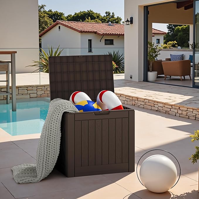 JUMMICO 42 Gallon Deck Box Waterproof, Resin Outdoor Storage Box with Side Handles, Outdoor Storage Benches Lockable for Patio Cushions and Garden Tools (Brown) JUMMICO