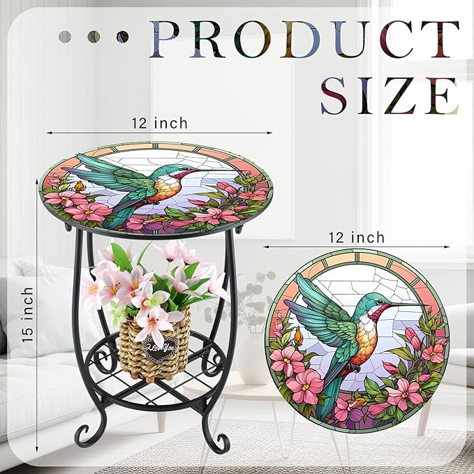 Outdoor Side Table Round Small Mosaic Patio Accent Indoor End Plant Coffee Tea Table for Yard Patio Porch Garden Living Room, Bedroom(Hummingbird Style,12 Inch) Cinnvoice