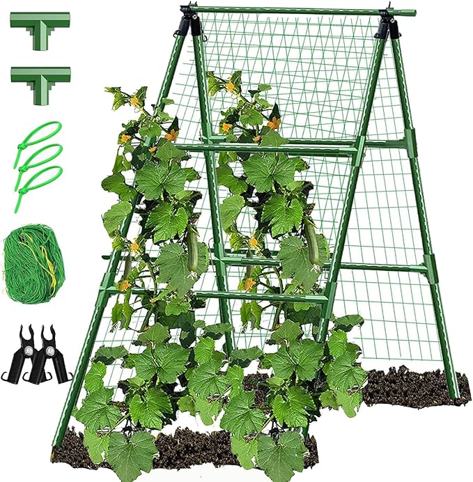 A-Frame Metal Garden Trellis Set for Raised Bed for Climbing Plants Outdoor-Detachable Cucumber Climbing Trellis with Net Clips-Garden for Cucumber Flowers Vegetables JK-GMTE