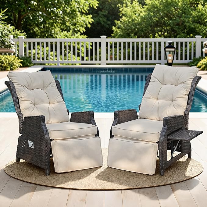 Outdoor Indoor Wicker Recliner with Adjustable Back and Footrest, Patio Reclining Chair with Flip-up Table, Outdoor Rattan Lounge Chair, Beige 2PCS COMLAXFIELD