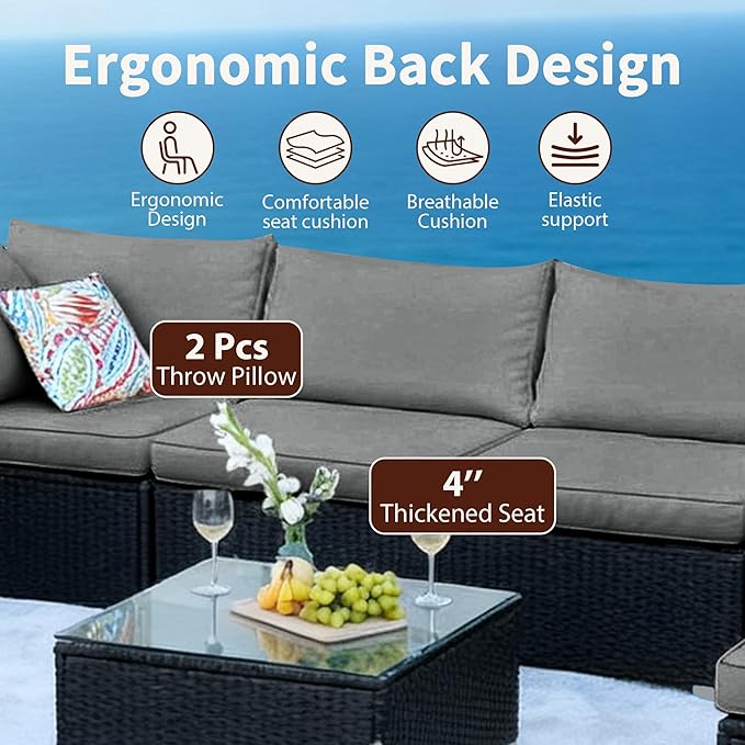 7 Pieces Patio Furniture Set - All-Weather Outdoor Wicker Sectional Conversation Sofa, Rattan Patio Seating Sofa Set with Cushion and Glass Table for Porch Poolside, Black/Grey ZJEYEJZ