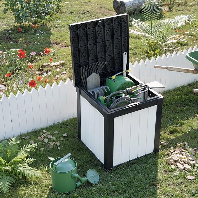 DRATO 51 Gallon Deck Boxes Resin Outdoor Storage Box UV Resistant Outside Deck Box with Lockable Lid for Patio Furniture（Black and White，51 Gallon） DRATOprovidesawarmandcozy