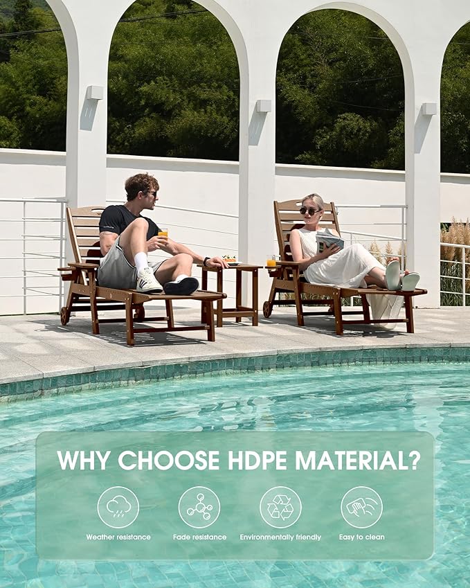 Lounge Chair Outdoor Set of 2, HDPE Chaise Lounge Outdoor, Pool Lounge Chair for Pool Poolside Deck Backyard Patio, Teak Suunyn