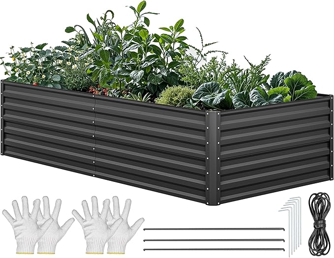 YITAHOME 96x48x24 in Galvanized Raised Garden Bed Kit, Large Metal Planter Box with Gloves, Safety Rubber & Support Rod, Outdoor Flower Bed for Plants Vegetables, Black YITAHOME