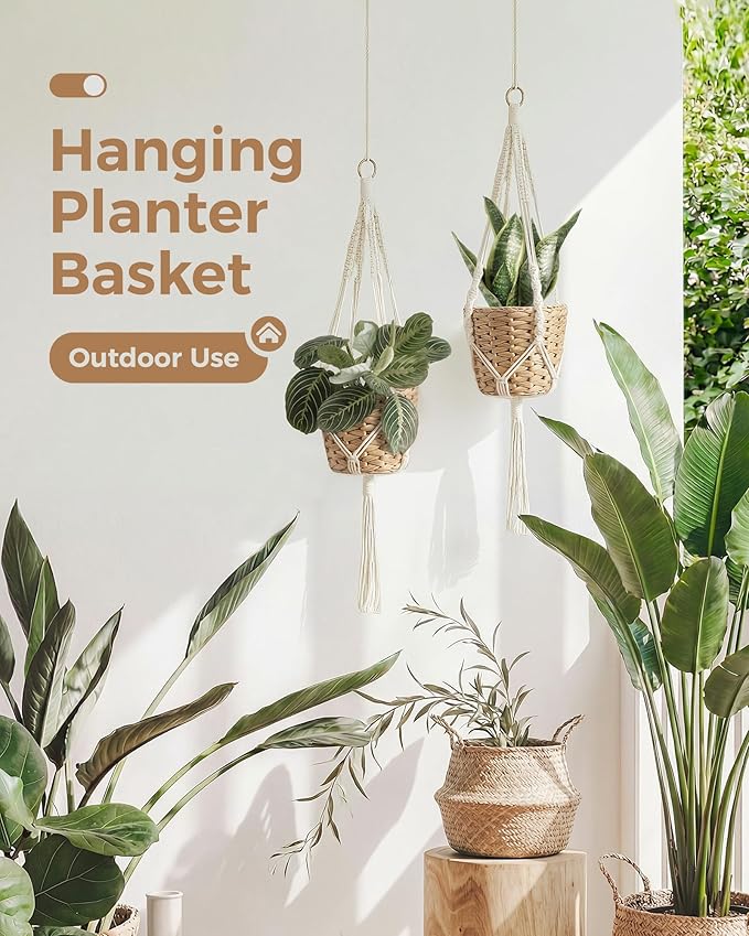 Bamworld Macrame Plant Hanger Indoor Hanging Planter for Plants Hanging Plant Basket Macrame Wall Hanging Planters Boho Decor Home Room Decor Aesthetic 36 Inches Ivory, Set of 2 Bamworld