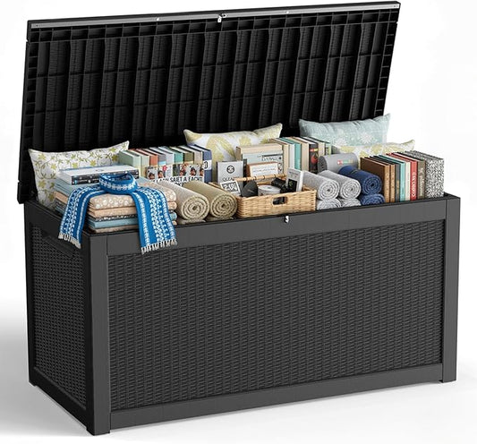 320 Gallon Outdoor Storage Box,Large Waterproof UV Resistant Deck Box,Lockable Storage Container for Patio Furniture Cushions Garden Tools and Pool Accessories(Black) Rootora