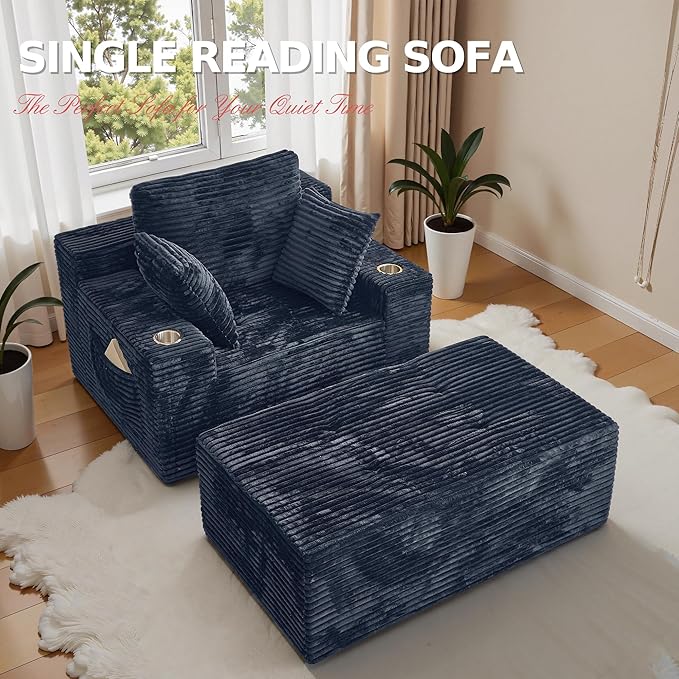 CHORRO67 Chaise Lounge Chair Indoor,Oversized Boneless Single Sleeeper Couch Bed,Corduroy Cloud Sofa with 3 Soft Pillows for Livingroom,Bedroom,No Assembly (Grey) CHORRO