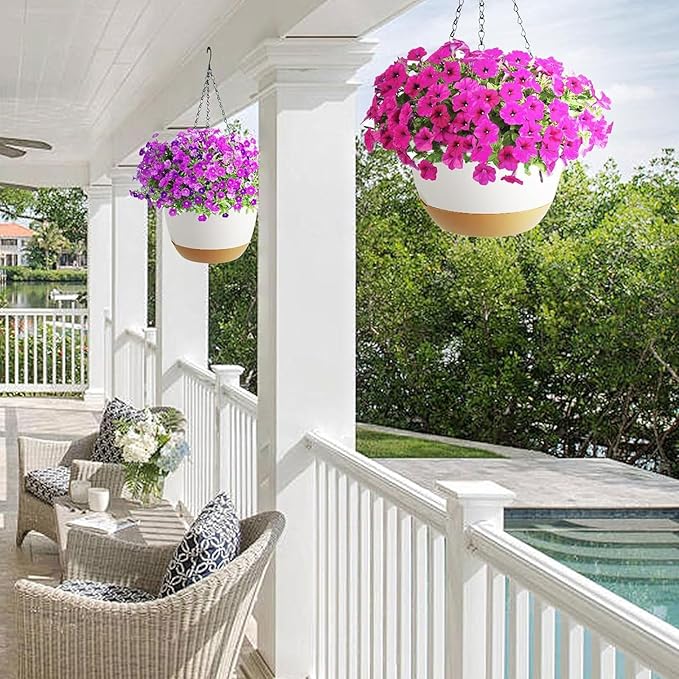 2 Pack Hanging Planters Set,10 Inch Indoor Outdoor Hanging Plant Pot Basket,Hanging Flower Pot with Drainage Hole with 3 Hooks for Garden Home(Purple Hanger White Planters) Koalaime