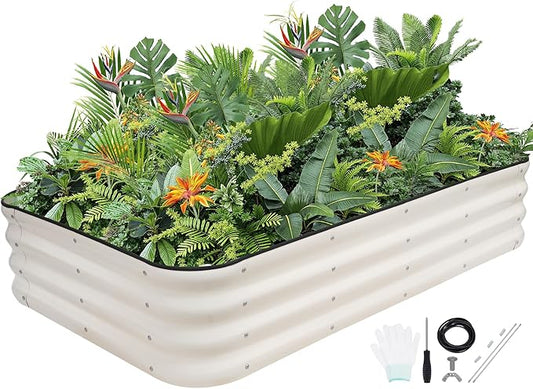 G GOOD GAIN 4-in-1 Adjustable Raised Garden Bed Kit | Galvanized Planter Boxes for Vegetables, Flowers | 12" Tall, Multiple Sizes (5x3x1ft, 4x4x1ft, 6x2x1ft, 7x1x1ft) | Outdoor Metal Raised Bed, White GGOODGAIN