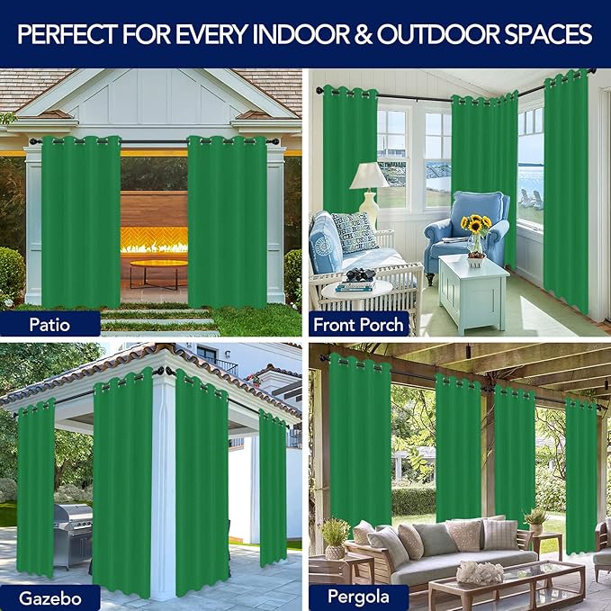 PureFit Outdoor Curtains for Patio Waterproof Weatherproof, UV and Fade Resistant Outside Curtains for Gazebo, Front Porch, Pergola, Sun Blocking Privacy Curtain, 52W x 108L inch, 1 Panel, Green PureFit