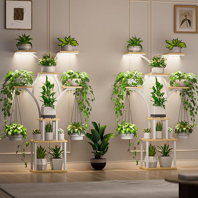 Elbourn Plant Stand Indoor with Grow Lights - 60" Tall Metal Plant Shelf for Multiple Plants, 8 Tiered Corner Plant Stands for Indoor Plants, X - Shaped Decorative Rack for Home, Living Room & Patio Decor (White) Elbourn