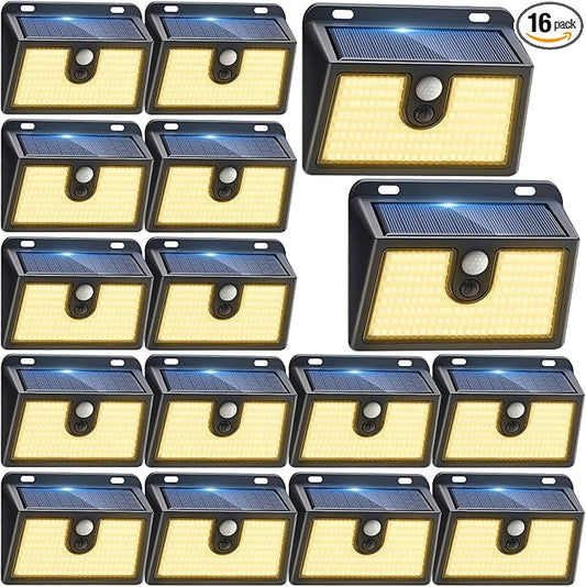 [16 Packs] Solar Motion Sensor Outdoor Lights, Super Bright Solar Lights Outdoor Waterproof, 3 Lighting Modes Security Wall Light for Outside Walking Dog Fence Backyard Deck Garden Door Step Garage Claoner