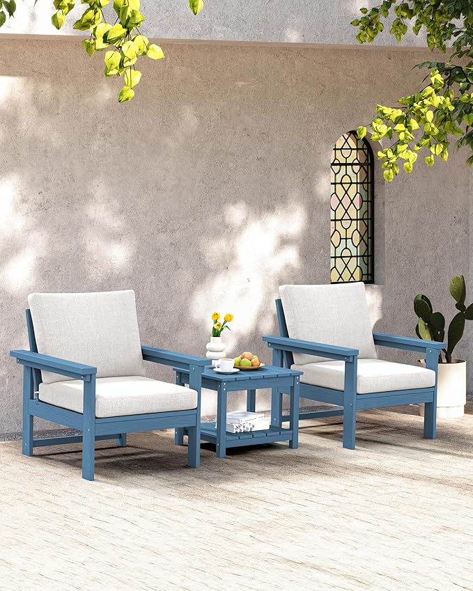 SERWALL HDPE Patio Sofa Set, 3-piece Sectional Outdoor Furniture Set, All Weather Outdoor Couch Set Patio Furniture Set for Deck, Lawn, Blue Frame with Grey Cushion SERWALL