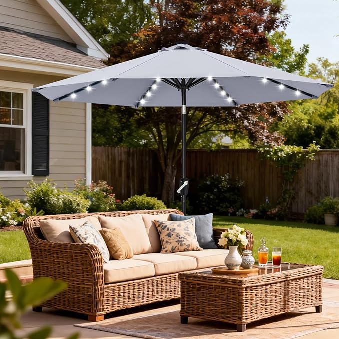 ABCCANOPY Durable Solar Led Patio Umbrellas with 32LED Lights 9FT (Light Gray) ABCCANOPY
