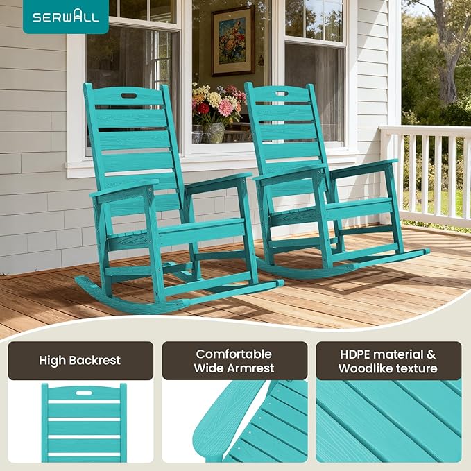 SERWALL Outdoor Rocking Chair Set of 4, Oversized HDPE Patio Rocking Chair with Footrest for Adults, All Weather Porch Rocker for Deck Patio Balcony, Aruba SERWALL