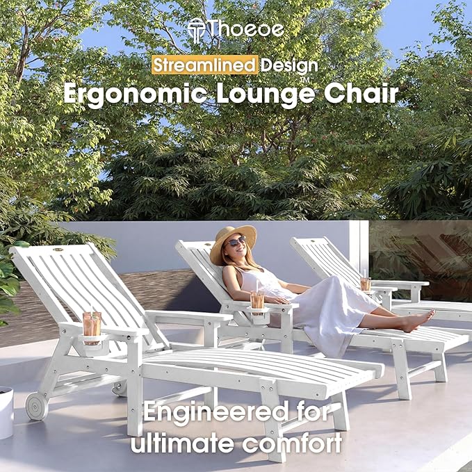 Patio Chaise Lounge Chair Set of 2, Oversized Lounge Chair Outdoor with 5 Positions, HDPE, Patio Lounge Chair with Wheels & Cup Holder for Pool, Deck, Poolside,White THOEOE