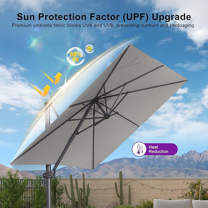 PURPLE LEAF 8 FT Outdoor Umbrella with Base Patio Cantilever Aluminum Umbrella with 3 Years Fade Resistance Recycled Fabric Offset Square with 360-degree Rotation for Deck Garden, Pebble Grey Rootora