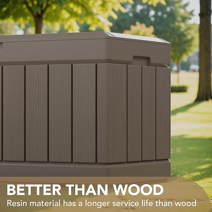 Devoko 85 Gallon Deck Box Lockable Resin Outdoor Storage Box waterproof Outdoor Container for Patio Furniture Cushions, Pillow (Light Brown) DEVOKO