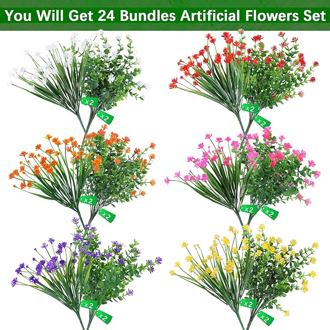 AGIRL 24 Bundles Artificial Flowers Outdoor,No Fade Fake Plastic Flowers Faux Plants for Decoration Hanging Planters Indoor Outside Garden Porch Window Box Home Farmhouse Wedding AGIRL
