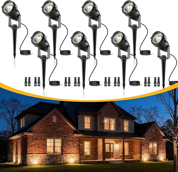 L LOHAS LED 5W Low Voltage Landscape Lighting, Christmas Outdoor Spot Lights with Connectors, 12V 24V IP66 Waterproof 3000K Warm White Plug in Spotlights for Yard, Garden, Pathway, House (8 Pack) LLOHASLED
