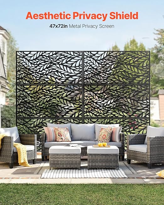 VEVOR Metal Privacy Screen, 47" W x 72" H, Outdoor Privacy Screens & Panels, Freestanding Outdoor Divider with Stand, 3-Panel Decorative Garden Steel Privacy Fence for Balcony Patio Indoor Room Black VEVOR