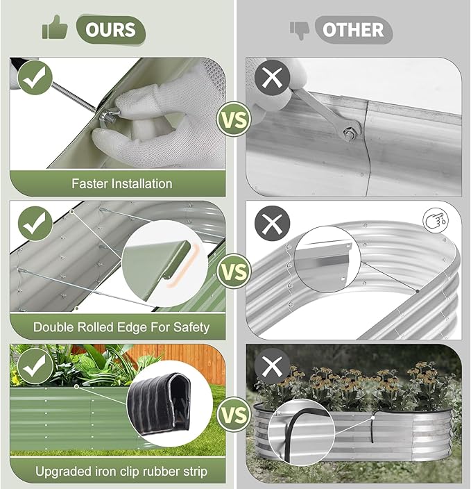 Galvanized Raised Garden Bed - 8x2x1.4FT Metal Planter Boxes Outdoor | Oval Steel Raised Bed Kit for Gardening with Protective Tape, Bracing Rods, Gloves for Vegetables, Flower, Herb (Green) Permade