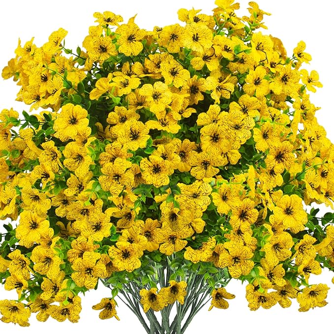 Artificial Fake Flowers for Outdoor Spring Decoration, 16 Bundles Faux Silk Colorful Daisy UV Resistant Realistic for Outside Porch Patio Home Yard Garden Planters Pots Window Box (Yellow) Grunyia