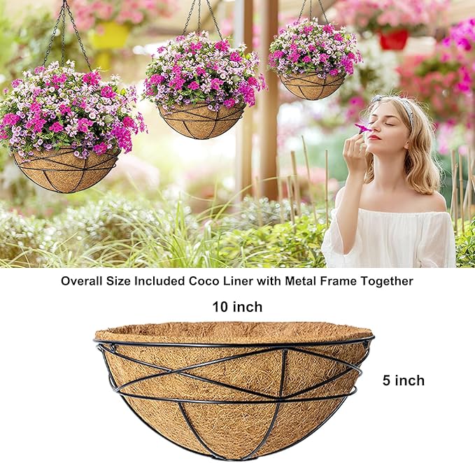4 Pack 10 Inch Hanging Planters Metal Wire Flower Baskets with Natural Coconut Liners for Outdoor Plants Round Plant Holder Planter for Garden Decor KarlliuHOMEGARDEN