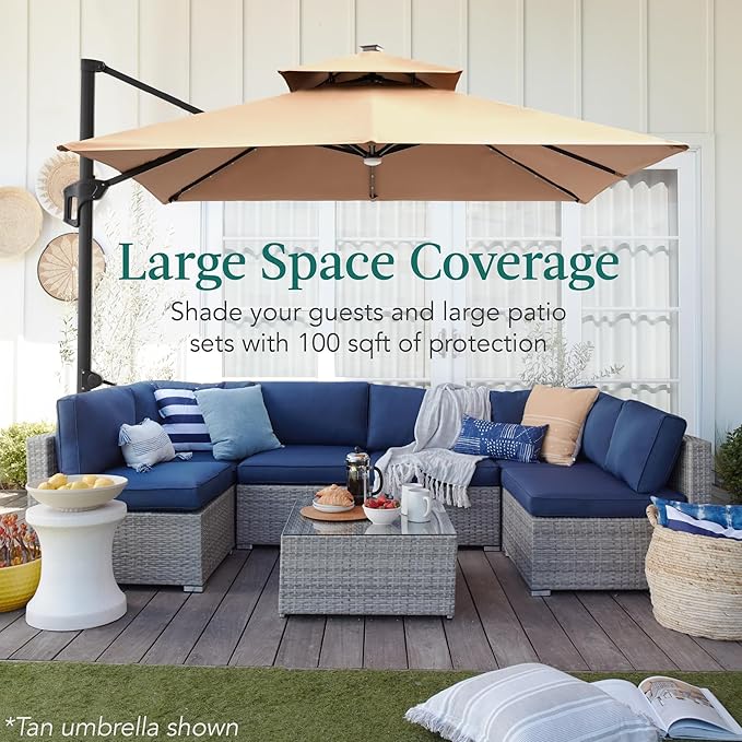 Best Choice Products 10x10ft Cantilever Patio Umbrella w/Base Included, Solar LED Lights 360 Rotation Large Offset Hanging Outdoor Shade for Deck Pool Backyard w/Stand – Rust BestChoiceProducts