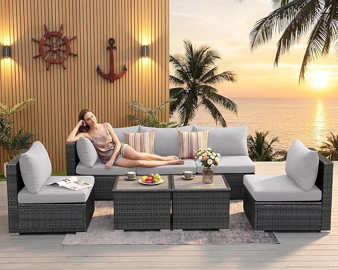 NICESOUL 7 Pieces Comfy 29.3'' High Back Outdoor Furniture Sofa Set, Extra Large Size Grey PE Wicker Patio Modular Sectional with Side Tables, All-Weather Rattan Conversations for Backyard Deck,Gray NICESOUL