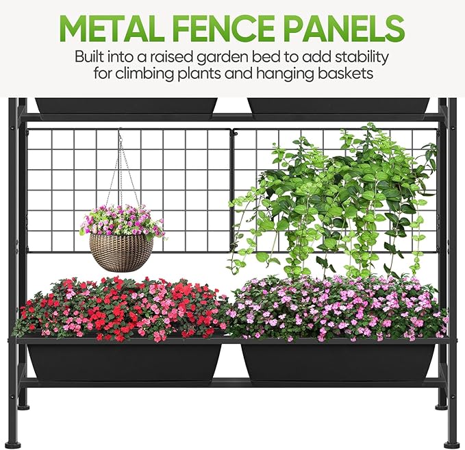 CADUKE Raised Garden Bed, Garden Raised Planter Box with Legs, 32" Elevated Vegetable Garden Beds with Drainage Holes & Trellis, Herb Garden Planter Outdoor for Vegetables, Balcony, Patio, Black CADUKE