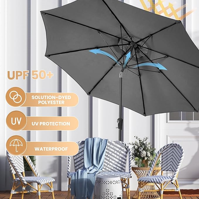 Ayge 9FT Large Outdoor Patio Umbrella Market Table Umbrella-UV Resistant, Easy Push Button Tilt and Crank, 8 Sturdy Fiberglass Ribs Heavy-Duty Pool Umbrella for Deck, Backyard,Garden,Grey AYGE