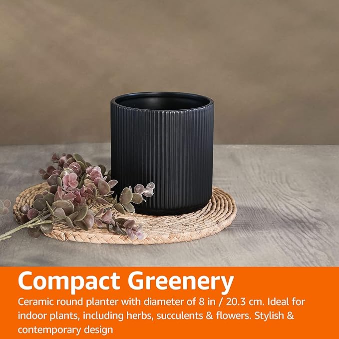 Amazon Basics Fluted Ceramic Round Planter with Drainage Hole, Indoor Outdoor Flower Pot, 8-inch, Black AmazonBasics