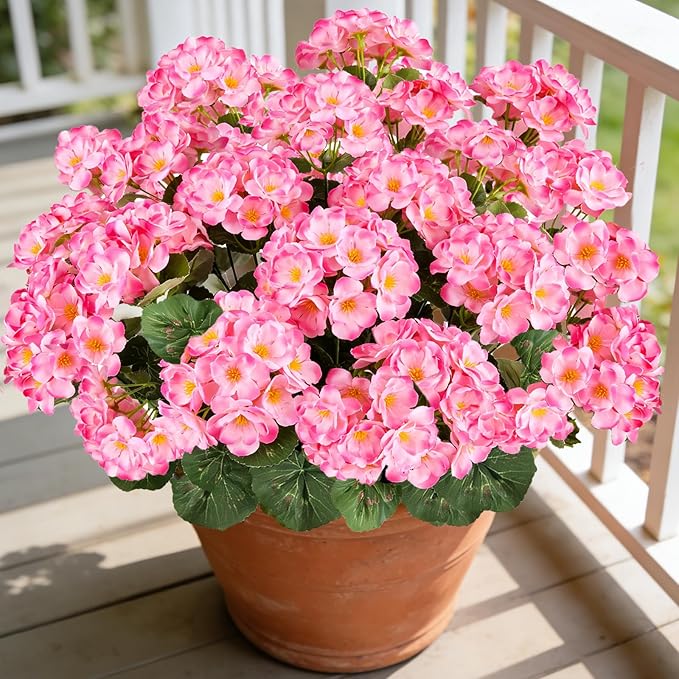 Artificial Geraniums Flowers for Outdoors, 6 Bundles Realistic Silk Fake Geranium, No Fade Faux Plants for Hanging Baskets, Window Boxes, Pots - Porch, Patio, Garden Decor(Pink) AmberFun