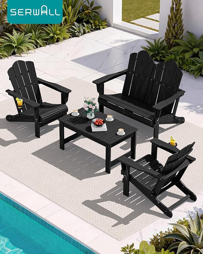 SERWALL Outdoor Coffee Table, HDPE Patio Coffee Table for Outside, Rectangle, Black SERWALL