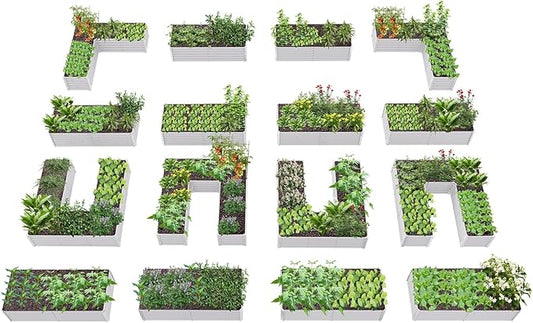 A ANLEOLIFE Set of 16, 18 Inch Tall Galvanized Raised Garden Beds Kit, Rectangular,U-Shaped & L Shaped Metal Planters – Ideal for Backyard Structured Garden Layouts, Antique White AAnleolife