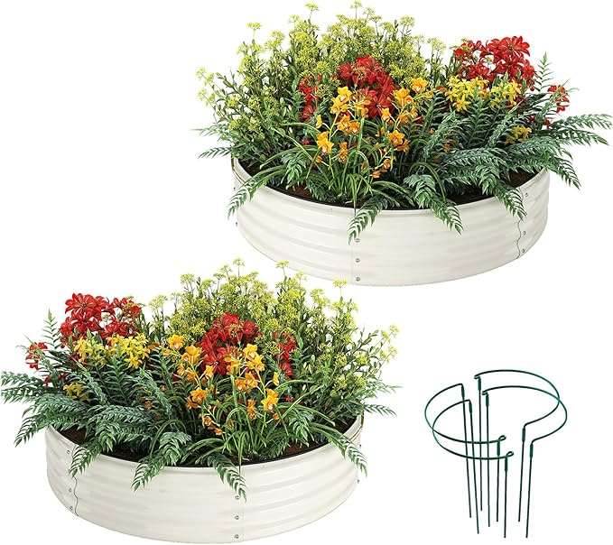 Galvanized Metal Planter Round Raised Garden Bed Kit for Gardening Outdoor，2x2x1ft 2pc Grow Garden Box Raised Flower Bed，Round Galvanized Planter Outdoor Metal Fire Pit Ring White ZFHgarden