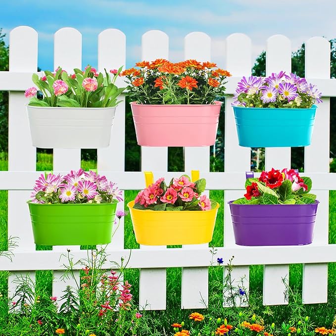 Foraineam 6 Pack Hanging Flower Pots, Metal Iron Plant Pot Holders, Garden Pots Balcony Planters, Metal Bucket Flower Holders Wall Hanging Decor Pot with Detachable Hooks for Railing Fence Balcony Foraineam