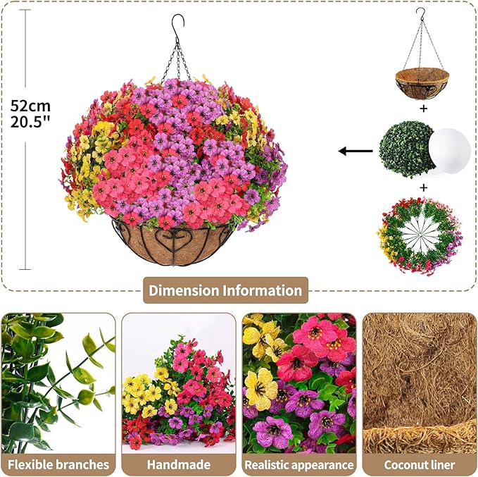 Artificial Hanging Flower for Outdoors, Fake Hanging Basket for Outside,1 Hanging Basket with 13 Pcs Faux Silk Flowers for Porch, Balcony and Patio Decor(Mixed) LetuoClipsClipsandHooks