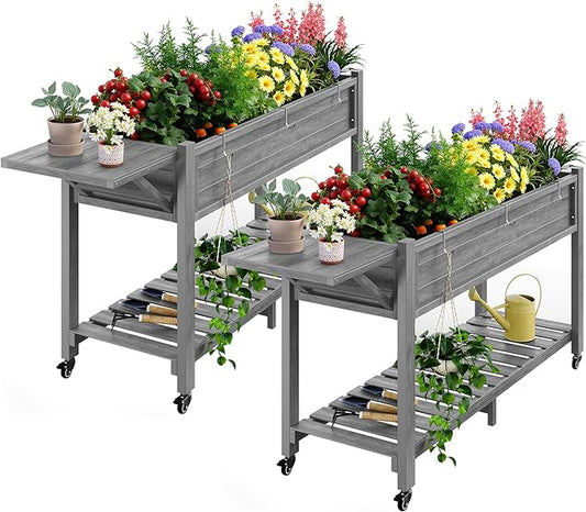 YEFU Raised Garden Bed with Legs: 57x18x30in Elevated Poly Planter with Wheels,Waterproof Mobile Raised Bed Garden, Elevated Planter Box Stand with Storage Shelf,for Deck,Patio,Porch,Yard (Grey,2pcs) YEFU