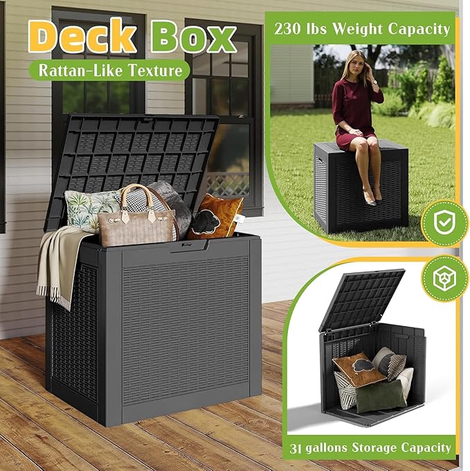 31 Gallon Outdoor Storage Box Weather Resistant UV Protection Waterproof Resin Deck Box for Garden, Patio, Porch, Delivery(Rattan Black) KFY