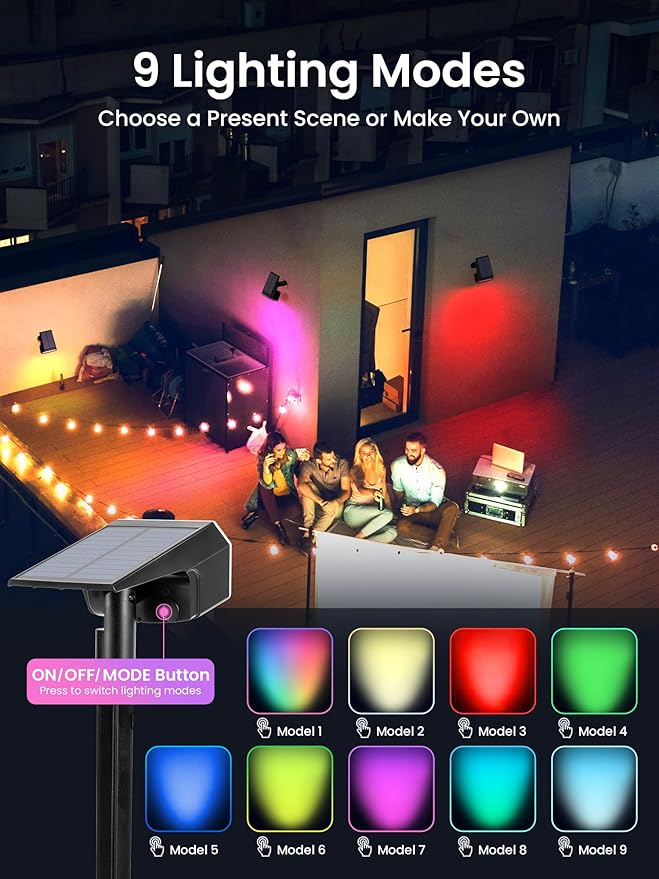 Color Changing Solar Spot Lights Outdoor, 9 Lighting Modes Colored Solar Lights Outdoor RGB, Color Light Waterproof IP65, Landscape Spotlights for Halloween Christmas Decorations AUDERWIN