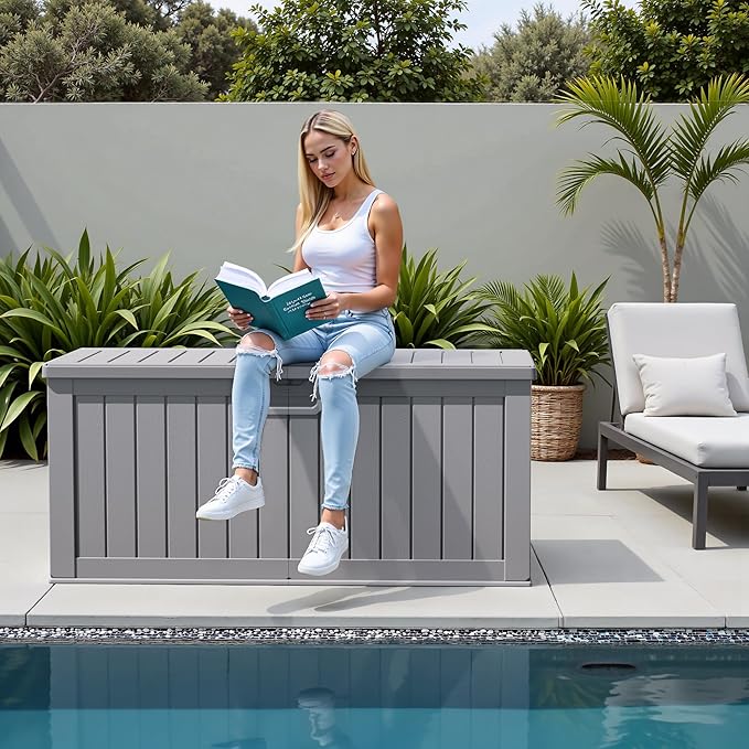 Flamaker Resin Deck Box 250 Gallon, Waterproof Imitation-Wood Lockable Storage Box with Separator Plate Outdoor Indoor, Garden, Patio Furniture for Tools&Pool Accessories (Gray) Flamaker