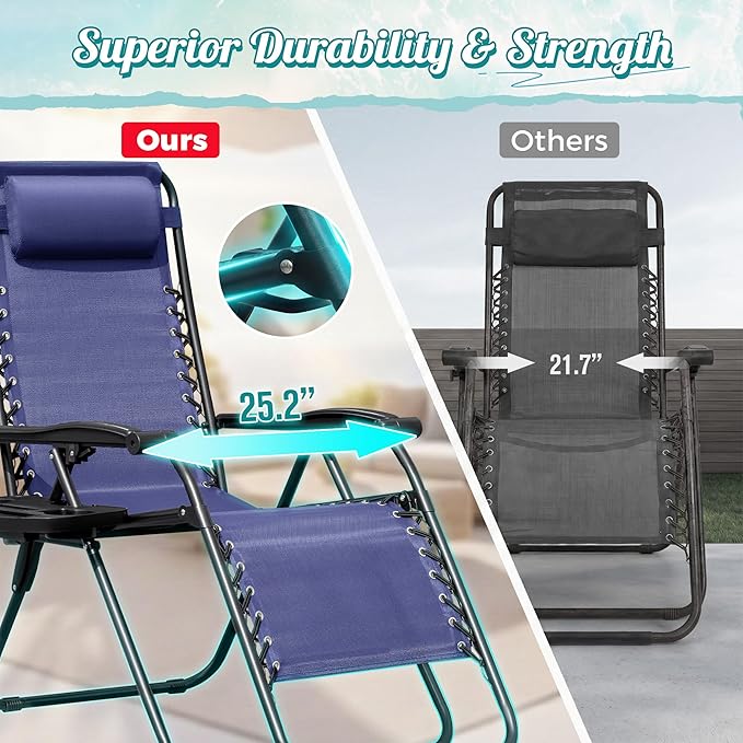 Homall Zero Gravity Chair Patio Folding Lawn Outdoor Lounge Gravity Camp Reclining Lounge Chair with Cup Holder Pillows for Poolside Backyard and Beach Set of 2 (Blue) Homall