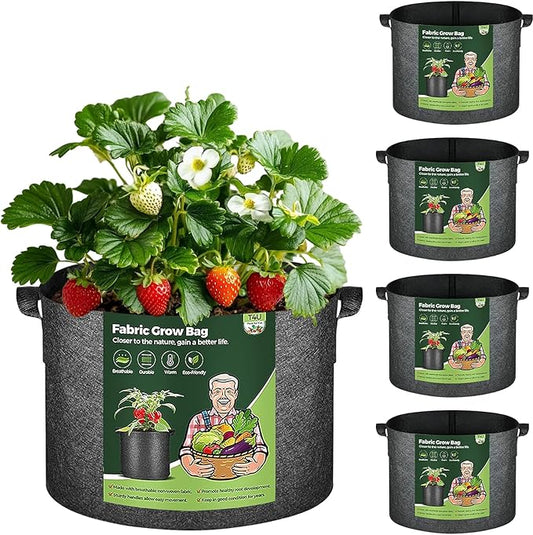 T4U Fabric Plant Grow Bags with Handle 10 Gallon Pack of 5, Heavy Duty Nonwoven Smart Garden Pot Thickened Aeration Nursery Container Black for Outdoor Potato, Tomato, Chili, Carrot and Vegetables T4U