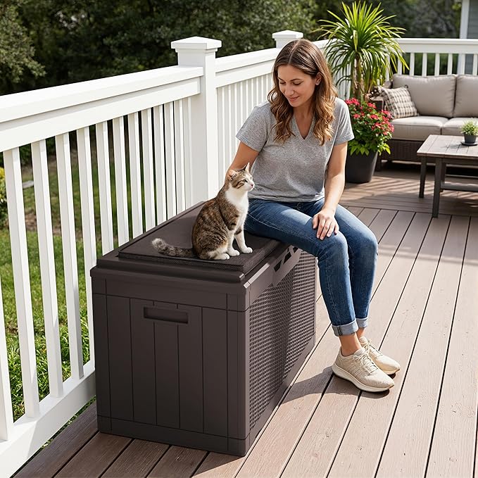Greesum 100 Gallon Resin Deck Box Large Outdoor Storage Boxes with Cushions for Garden Tools, Patio Furniture Pillows, Pool Supplies, Dark Brown BuynowfromGreesum