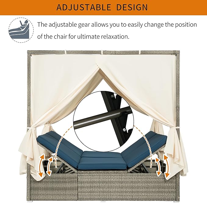 Patio Chaise Lounge,PE Rattan Outdoor Patio Wicker Adjustable Outdoor Sun Bed with Four-sided Canopy and Comfortable Blue Cushion – Versatile Use for Patio, Garden, and Poolside HarperBrightDesigns