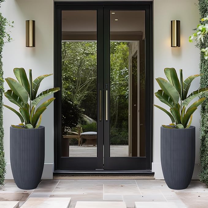 Kante 24 Inch Tall Round Concrete Planter, Large Indoor Outdoor Plant Pots with Drainage Hole and Rubber Plug, Modern Decorative Garden Pots for Home Patio Porch, Textured Charcoal Kante