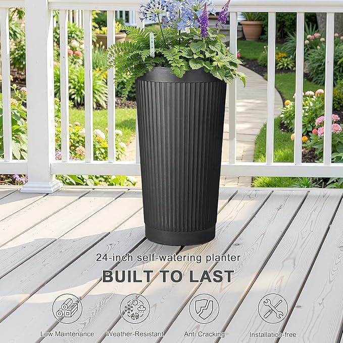 Self Watering Tall Black Planters Outdoor Set of 2, 24” Flower Pots Planters for Outdoor Plants, Modern Plastic Tall Planter for Front Porch, with Drainage Hole (Ribbed) PolarcoForgeco