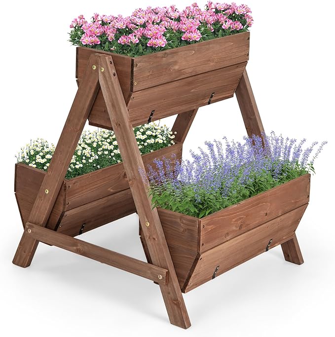 Giantex Vertical Raised Garden Bed, 3 Wood Planter Boxes for Flower Vegetable Fruit Herb, Freestanding Garden Planter with Drain Holes, Elevated Raised Beds for Indoor Outdoor Lawn Patio Yard, Brown Giantex